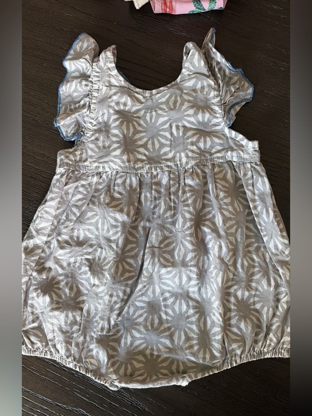 Pink Chicken Floral Baby Romper with Blue Trim